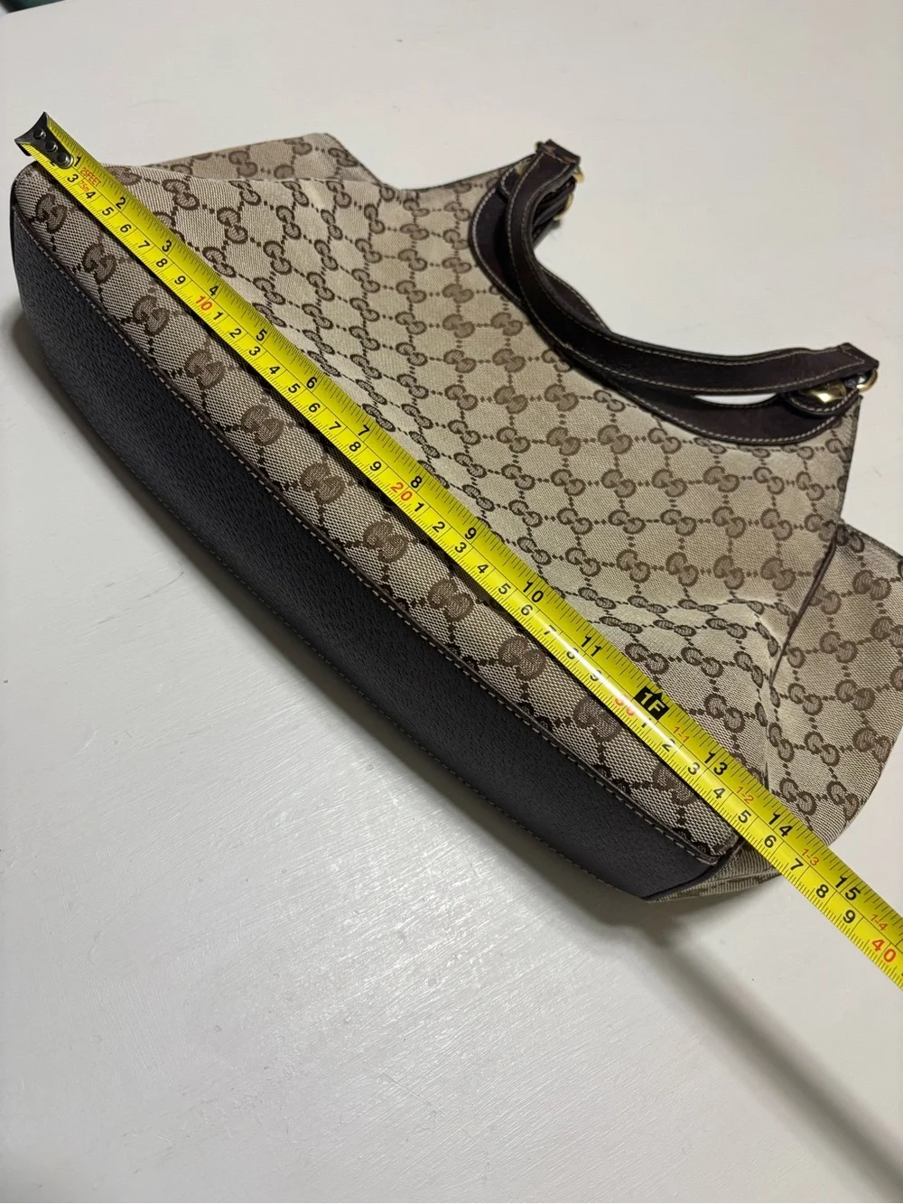 Gucci Beige/Brown Monogram Canvas Shoulder Bag with Dark Brown Trim